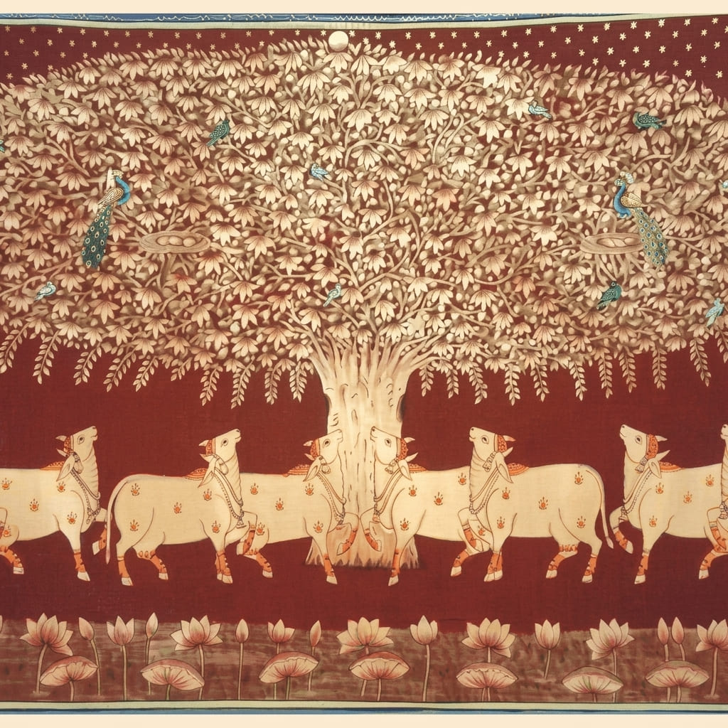Traditional Pichwai Painting of Cows Under Kadamba Tree with Lotus Pond